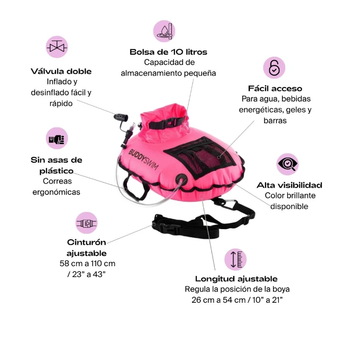boya con hidratación, boya con manguera y válvula de mordida, boya para nado de fondo, boya para travesías largas, boya para fondistas, boya para hidratarse mientras nadas, qué boya usar para nadar largas distancias, boya con bolsa de hidratación para aguas abiertas