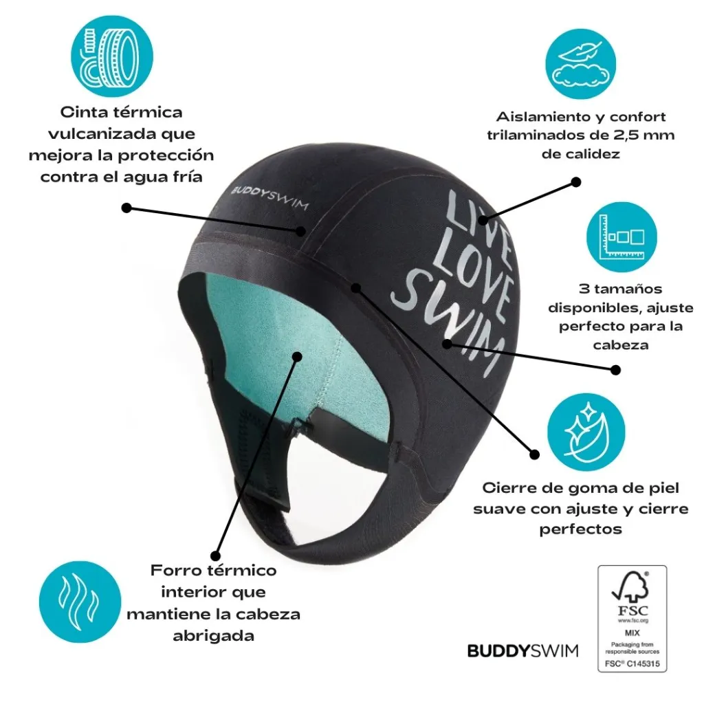 3_BL-40 Gorro de Neopreno 2.5mm BuddySwim con Tirantes, Aislante de Frío para Natación en Aguas Abiertas, Negro,Talla_S.webp