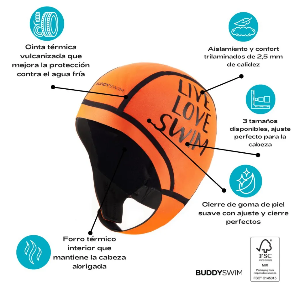 2_BL-43 Gorro de Neopreno 2.5mm BuddySwim con Tirantes, Aislante de Frío para Natación en Aguas Abiertas, Naranja, Talla_S.webp