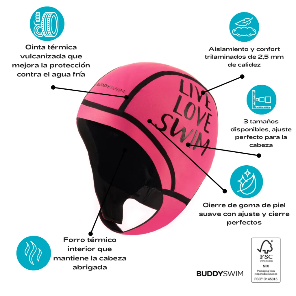 2_BL-46 Gorro de Neopreno 2.5mm BuddySwim con Tirantes, Aislante de Frío para Natación en Aguas Abiertas, Rosa, Talla_S.webp