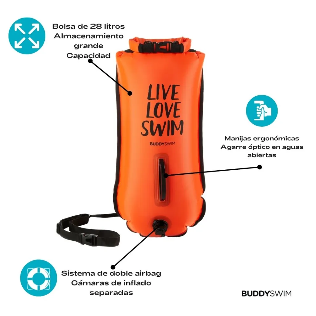3_BL-11 Boya de Natación 28L BuddySwim con Gorra de Silicona Impermeable para Entrenamiento y Seguridad, Naranja.webp