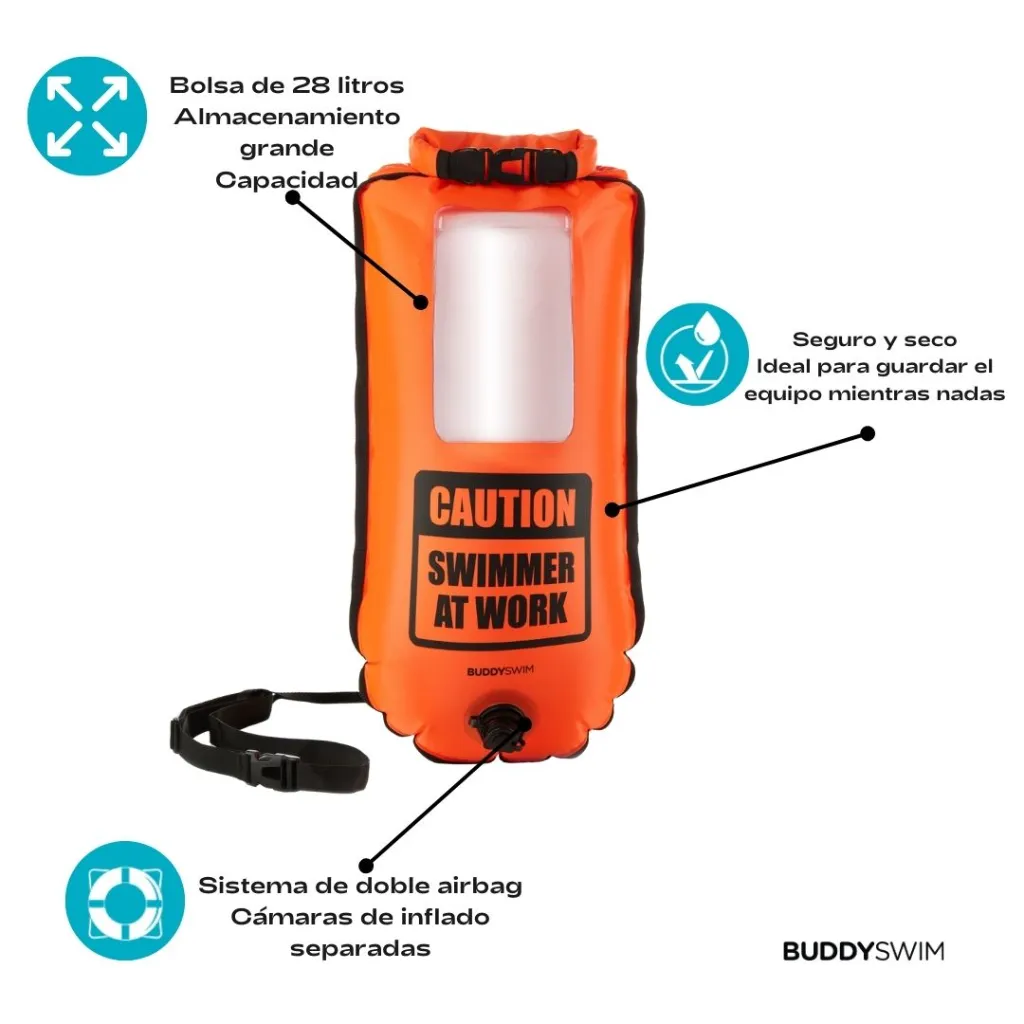 4_BL-12 Boya de Seguridad 28L BuddySwim para Natación con Funda Impermeable aprueba de agua para Celular Naranja.webp