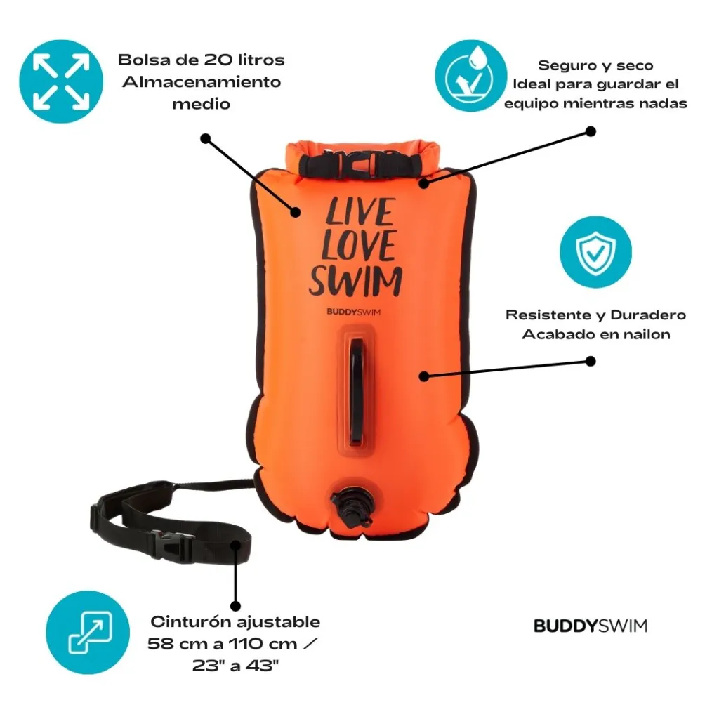 3_BL-14 Boya de Seguridad Impermeable con gorra de silicona 20L BuddySwim para Natación y Almacenamiento con gorra silicona Naranja.webp